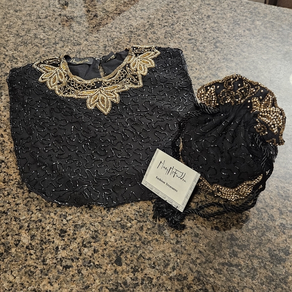 Vintage Mary McFadden Black and Gold Beaded Collar And Satchel Accessory Set - Picture 1 of 8
